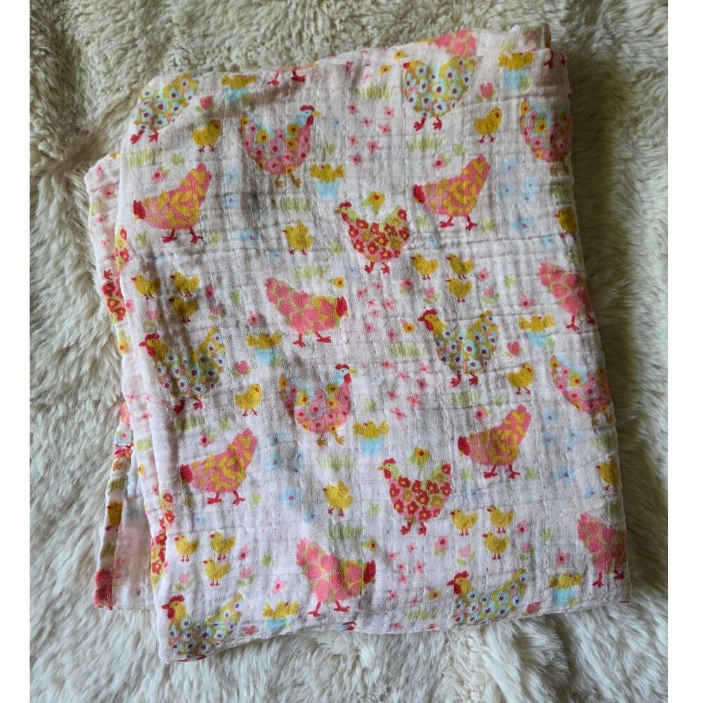 Mud Pie Floral Farm Chicken Print Muslin Swaddle Blanket Hens Chicks